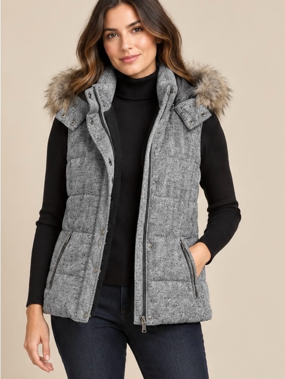 Banana Republic Gray Sherpa-Lined Puffer Vest Size Large